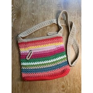 The Sak Rainbow Multicolor Striped Crochet Crossbody Bag Hobo Boho Hippie 10 X 9